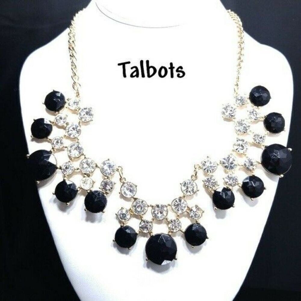 Talbots Black and Clear Rhinestone Statement Necklace, Gold Tone, 22 Inches